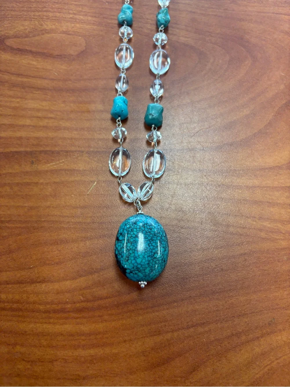 LUC CN 925 Sterling Turquoise Stone Pendant Necklace with Clear Bead Accents